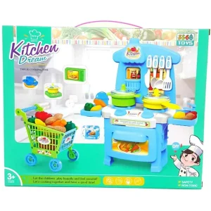Mini Blue Kitchen Cooking Play Set Toy For Kids Shopping Cart & Accessories